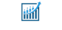 A blue and black bar chart with five bars inside a blue square, overlaid by an upward-trending curved arrow.